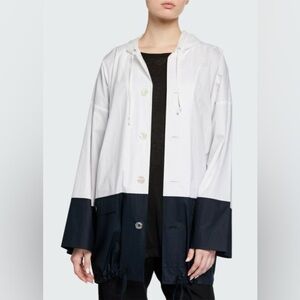 Eskandar White & Navy Color Block Hooded Lightweight Raincoat Jacket Size 1 EUC